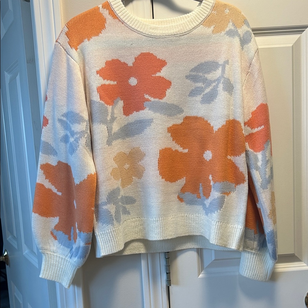Pink Lily Cream Sweater with Orange & Light Blue Floral Print
